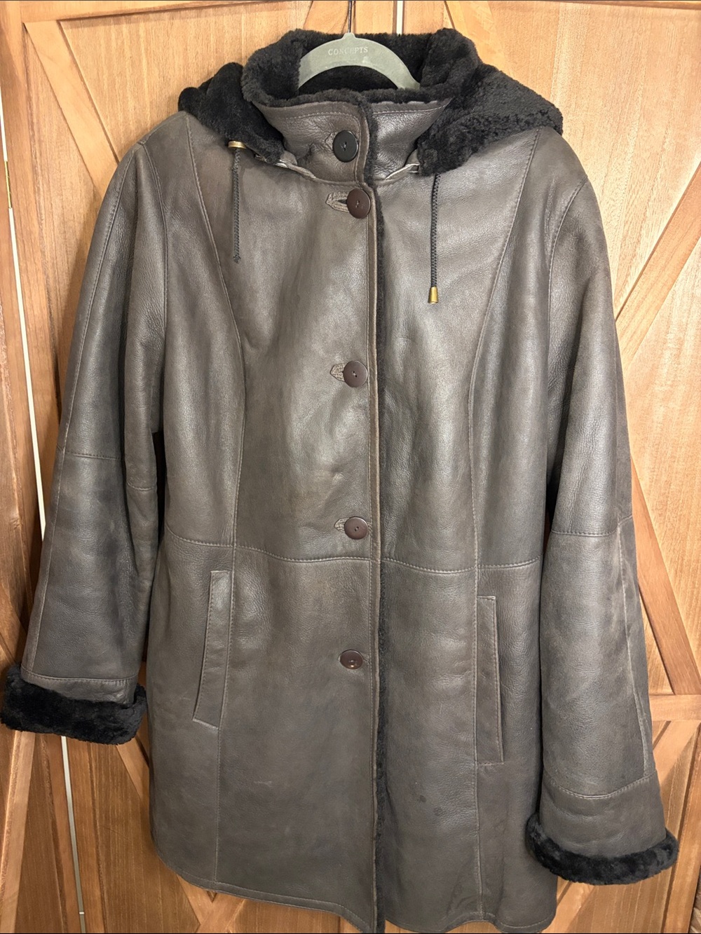 DANIER Genuine Sheepskin Shearling Hooded Leather Coat Brown SIZE LARGE